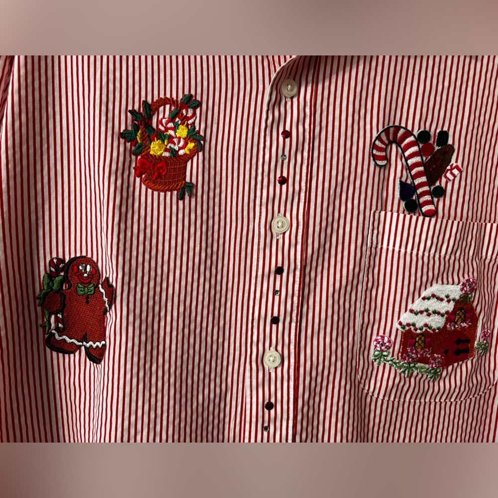 MiLi Designs Blouse Size 1X Button Up Shirt Top Embellished Christmas Red Stripe